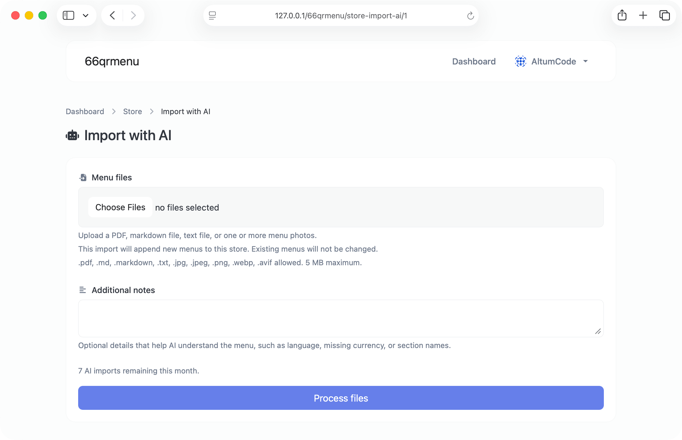 66qrmenu AI store import showing automatically extracted menu items