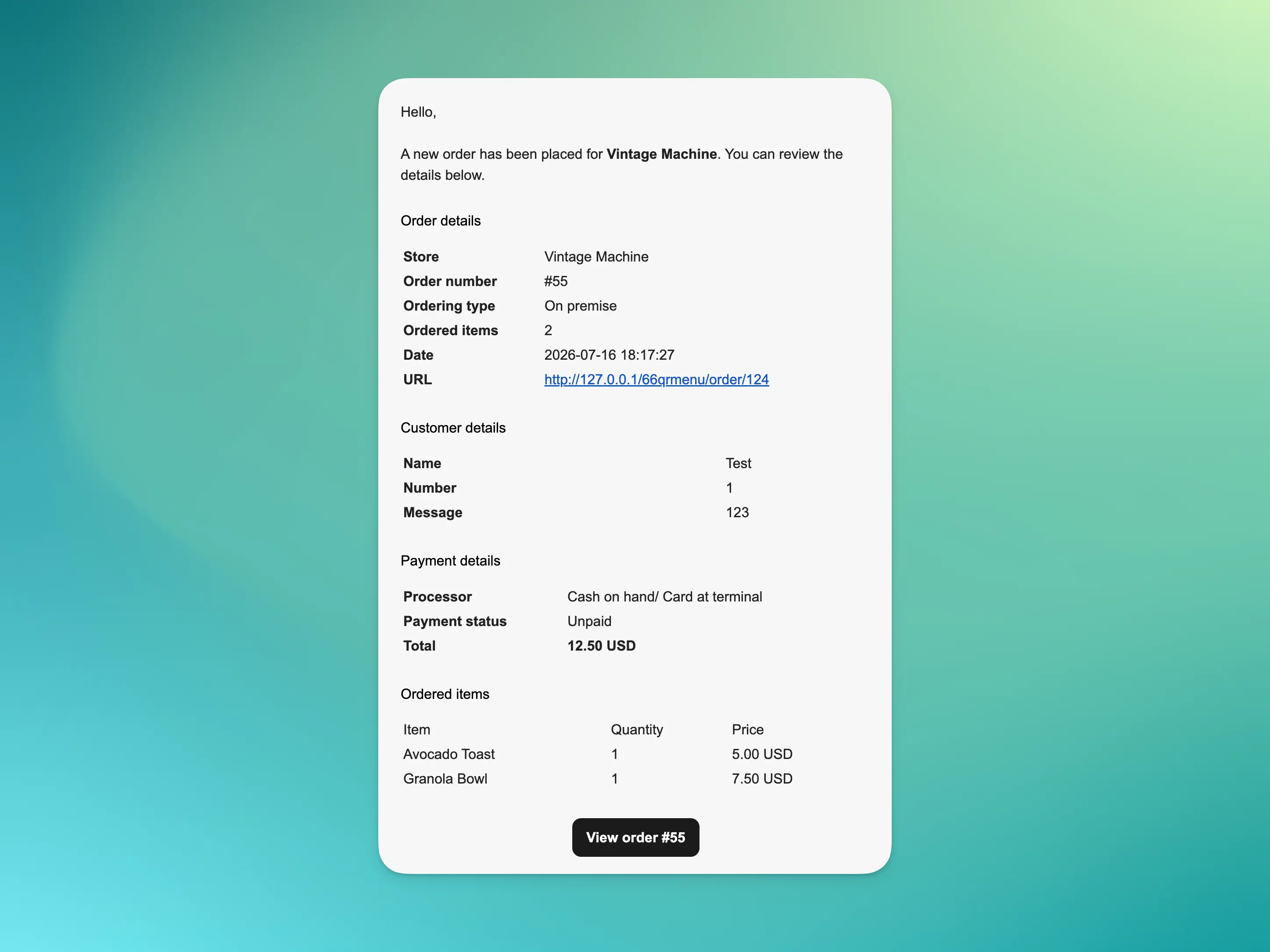66qrmenu showing an email notification example for new store orders