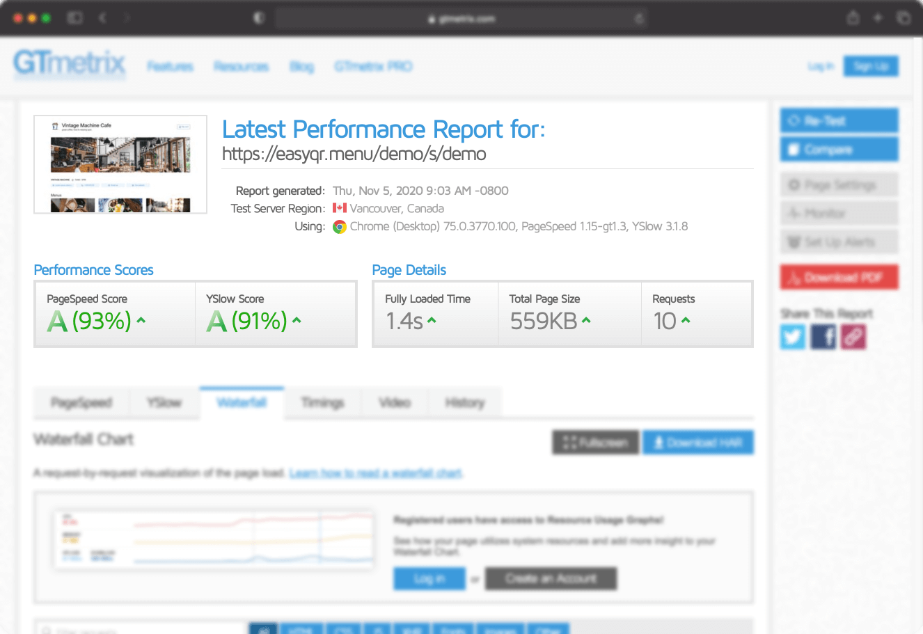 66qrmenu GTmetrix performance report example