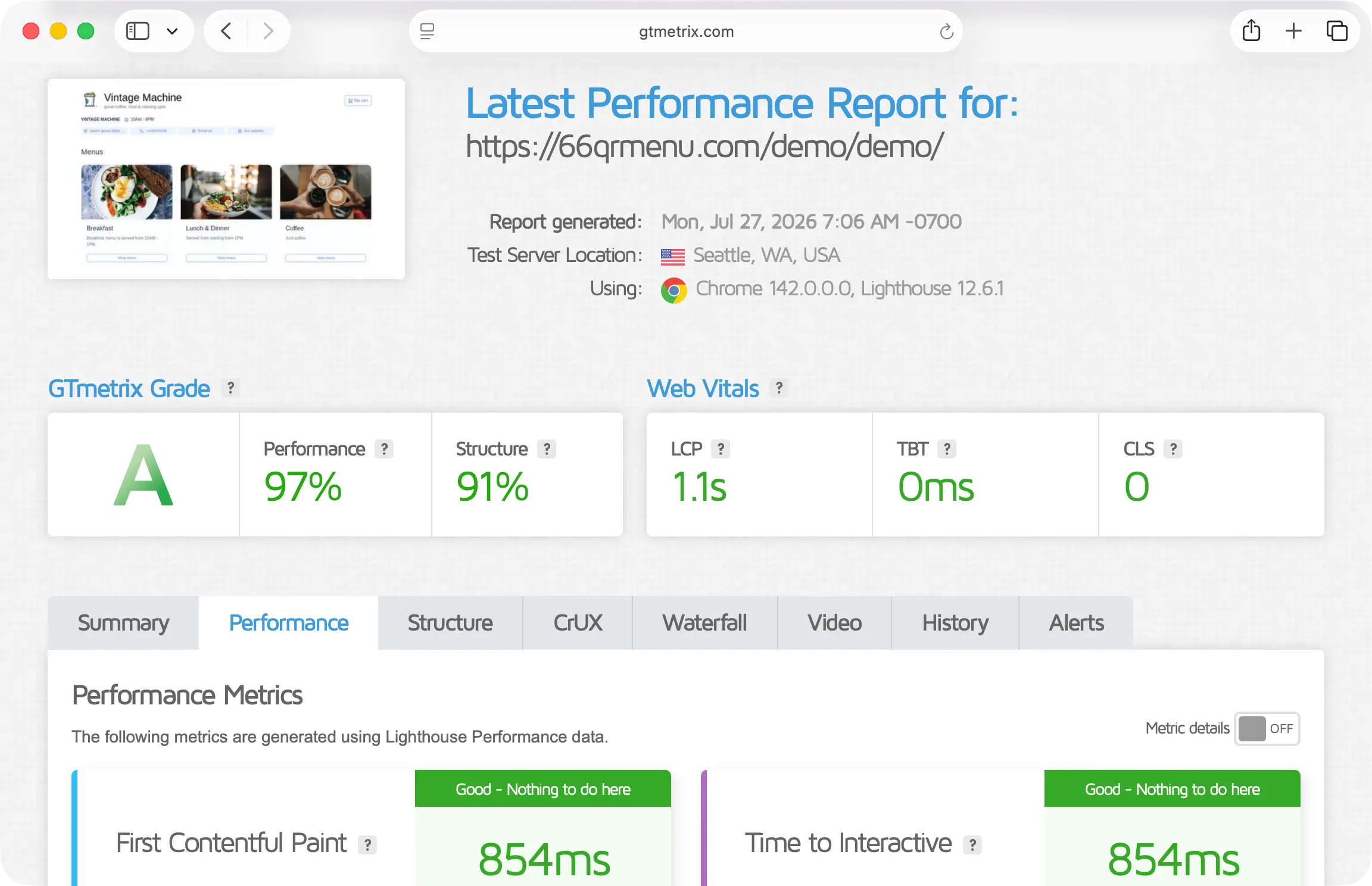 66qrmenu GTmetrix performance report example