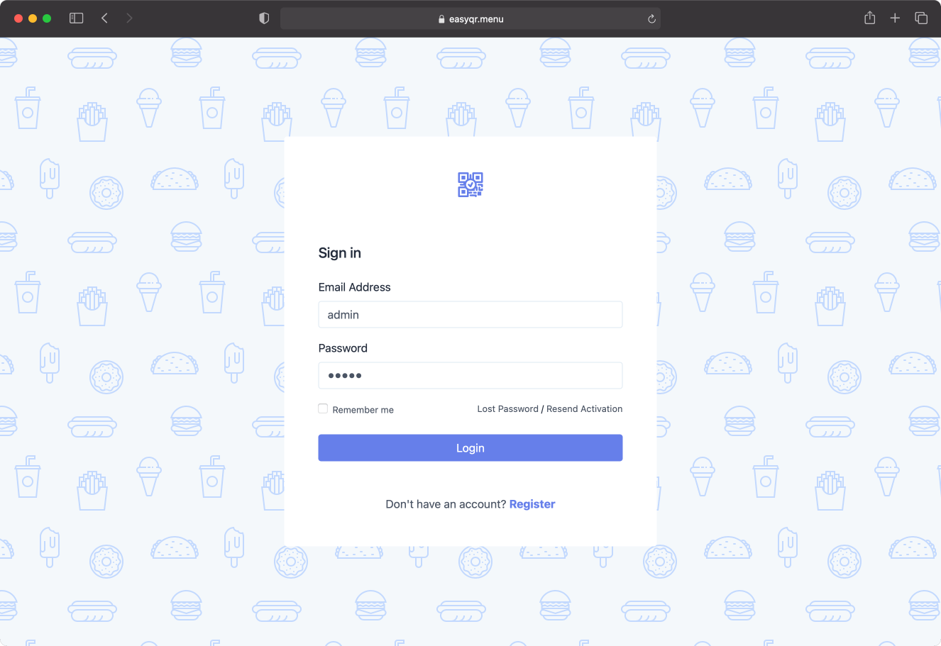 66qrmenu login page example