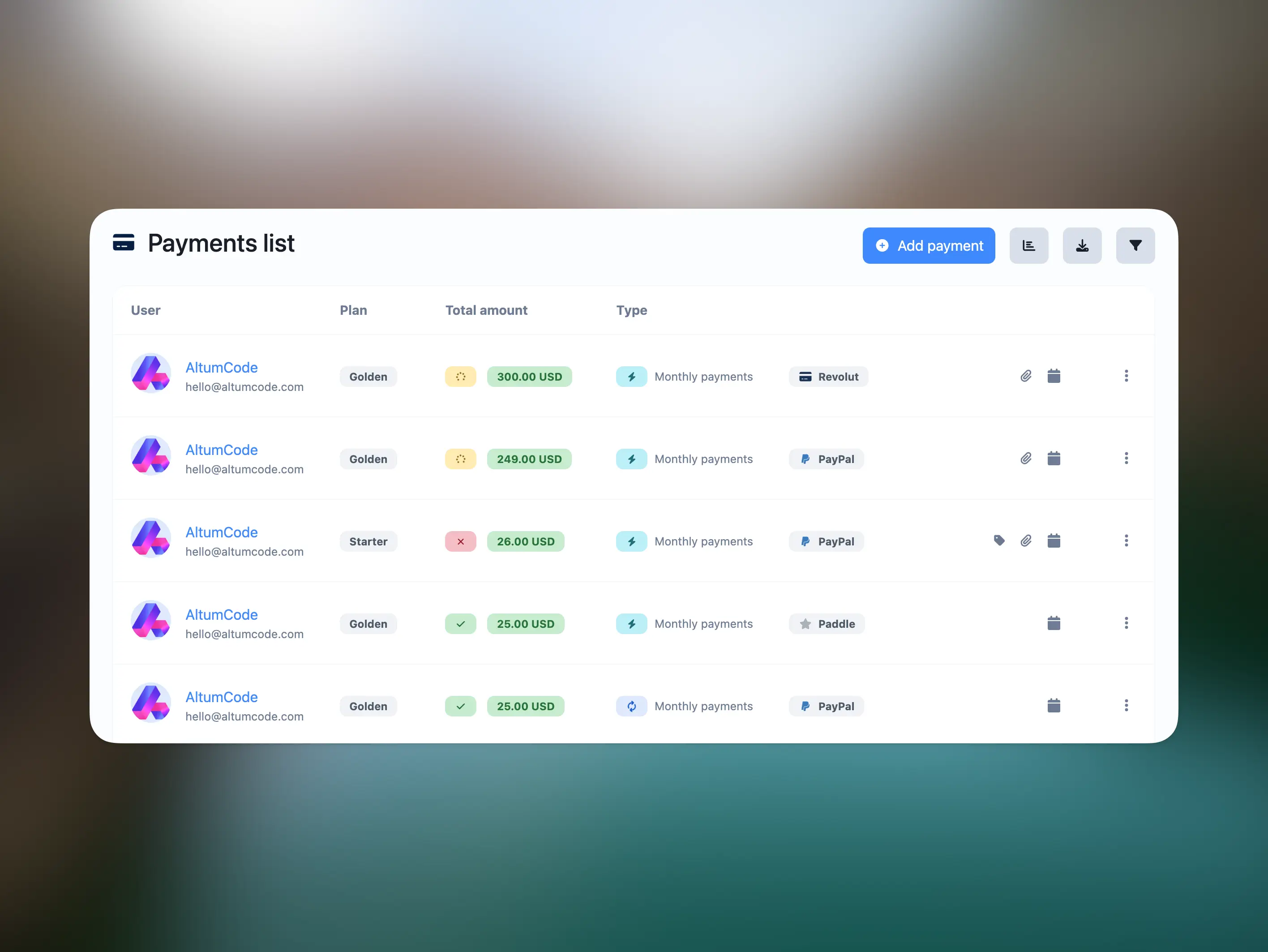 66qrmenu admin panel showing the last payments through the SaaS extended license