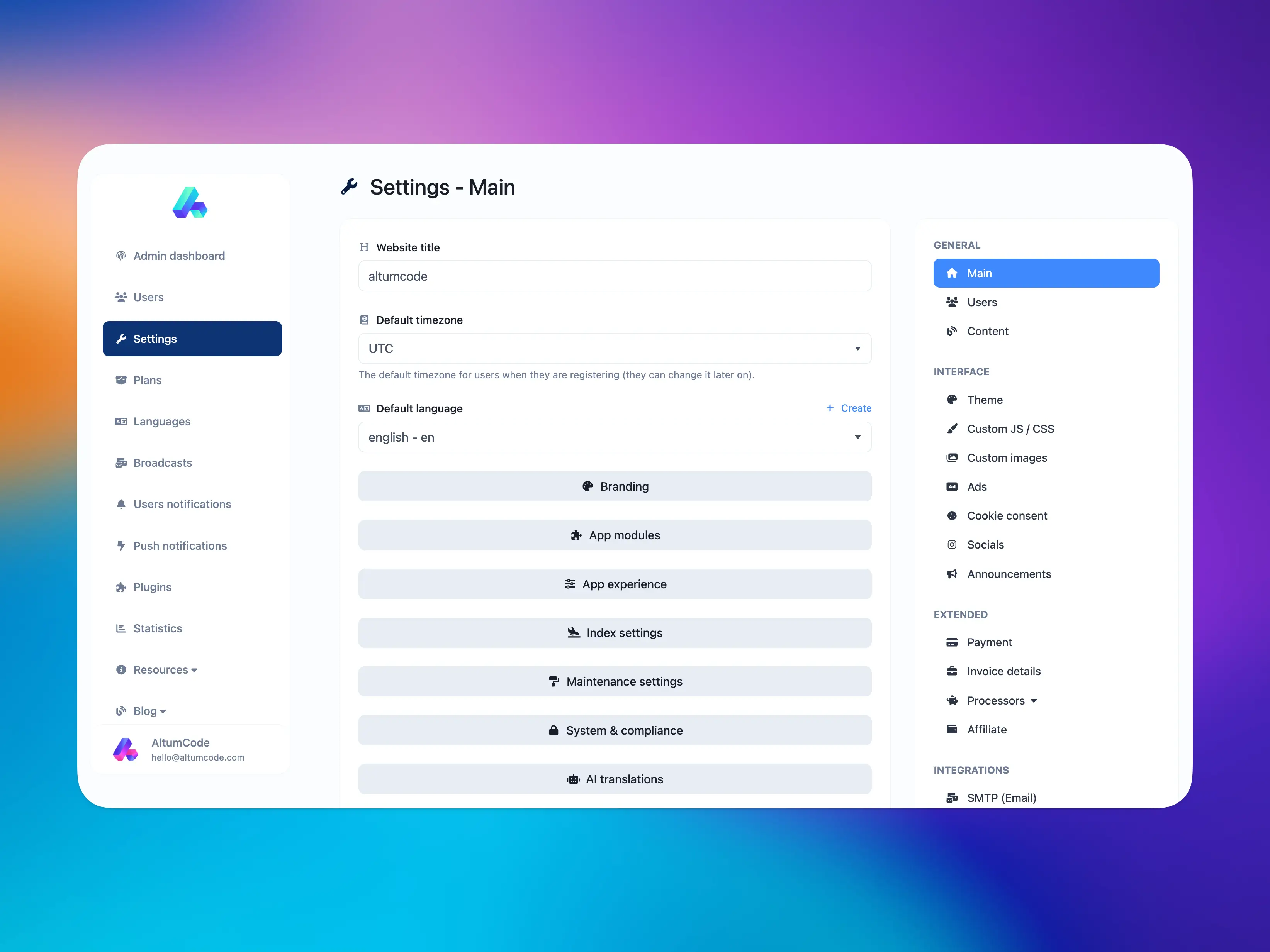 66qrmenu admin panel showing the main settings page