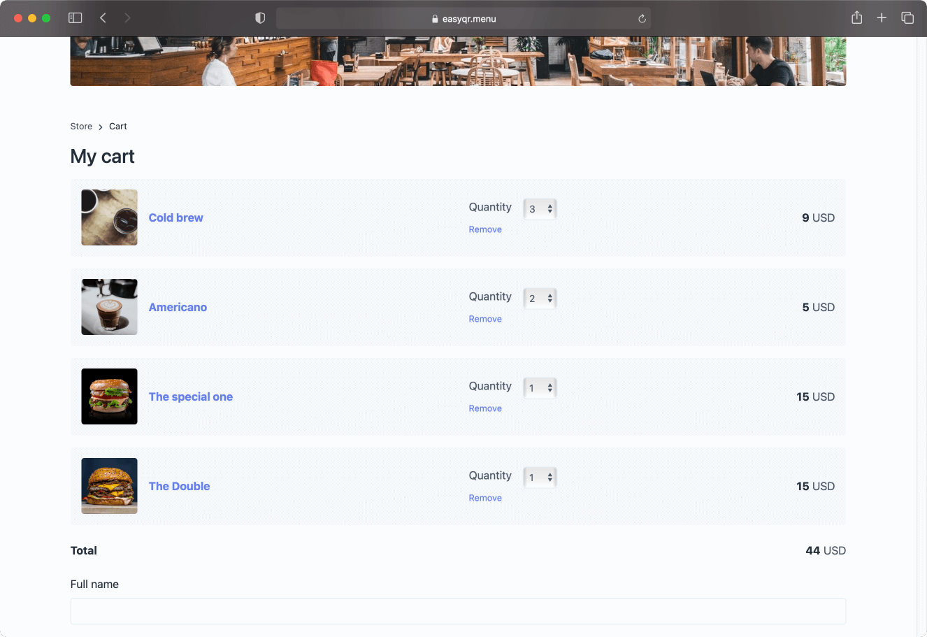 66qrmenu cart page showing selected menu items