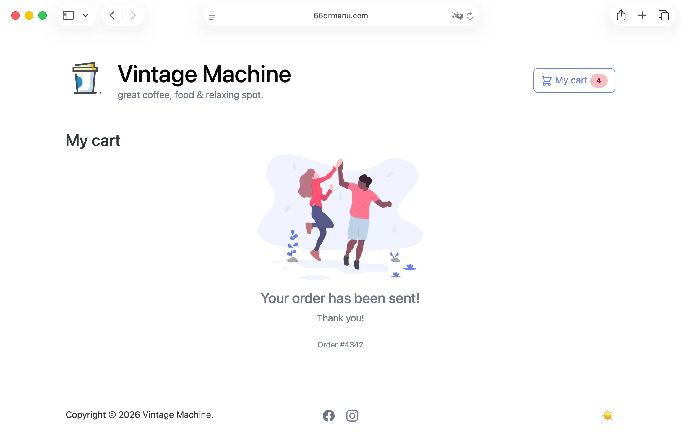 66qrmenu checkout success page after a successful order
