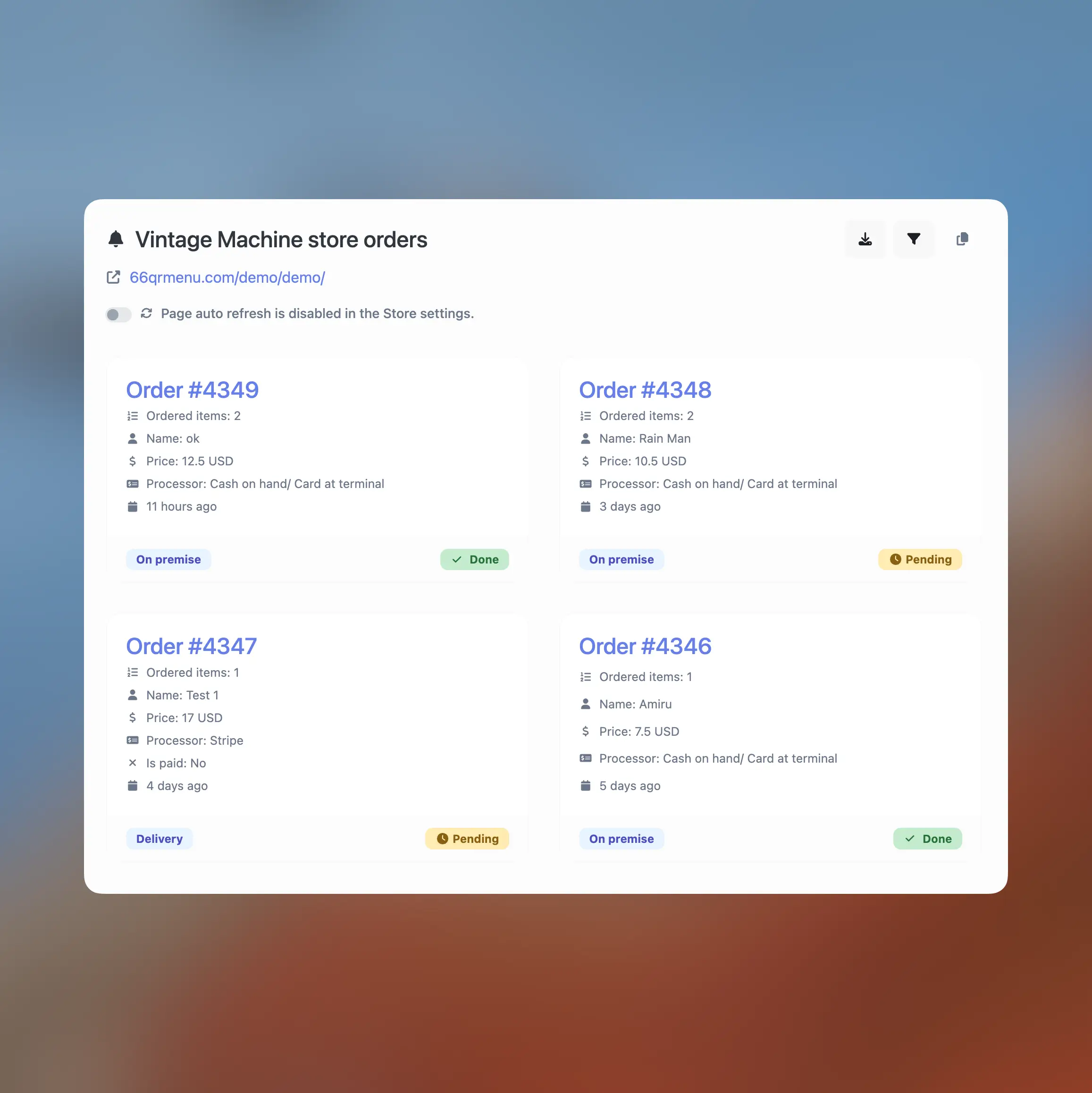 66qrmenu orders page management example