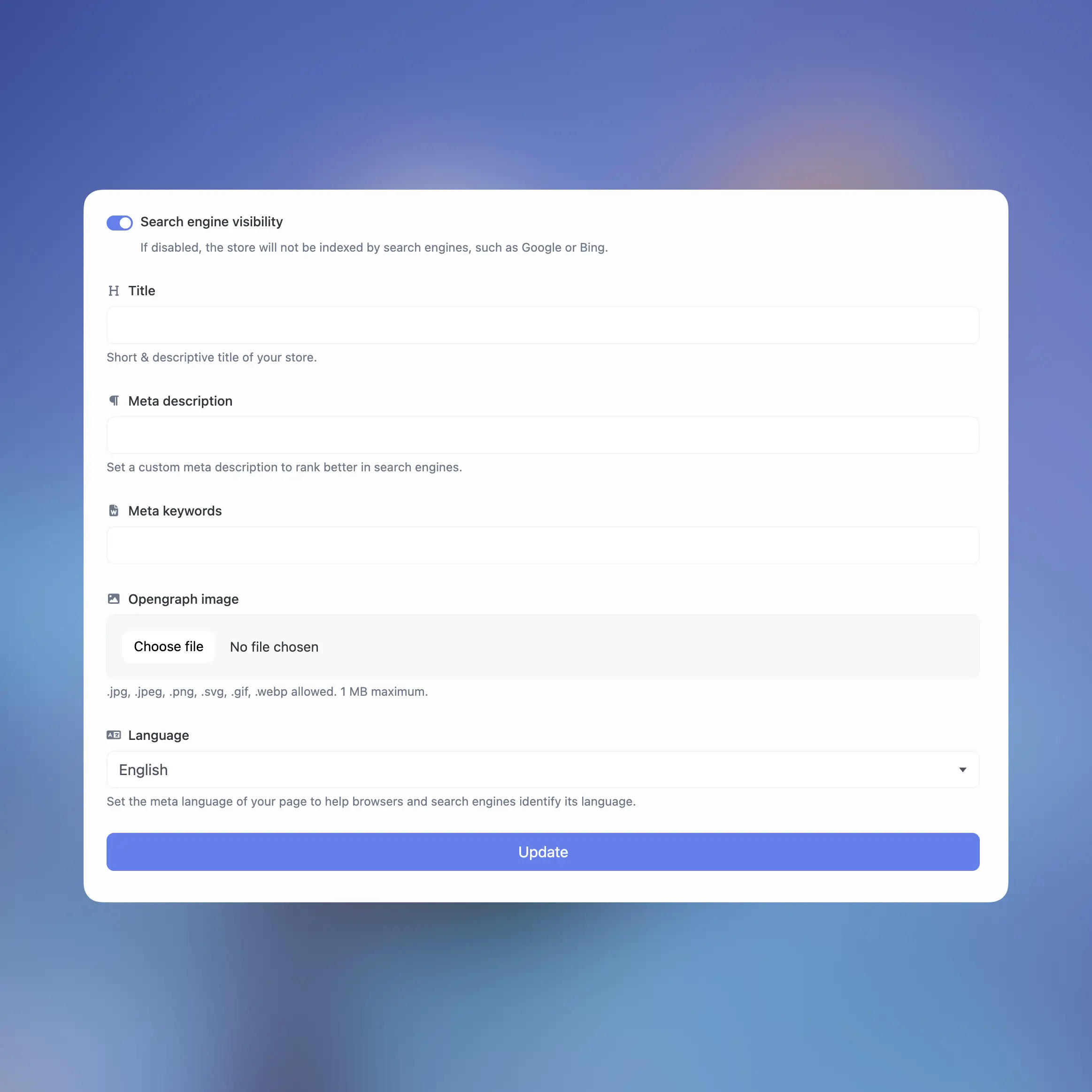 66qrmenu store seo settings page example