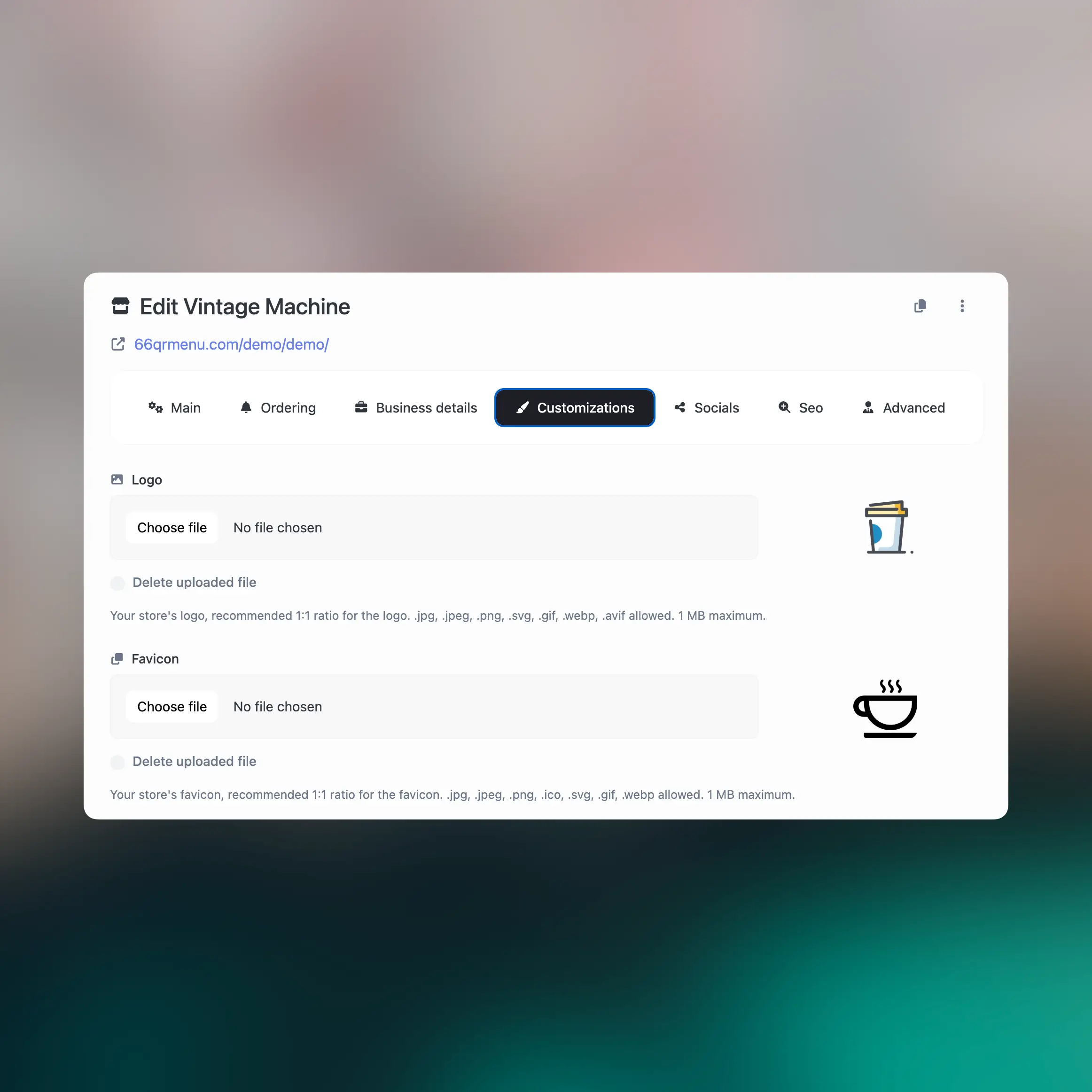 66qrmenu custom logo & background form setting page for stores
