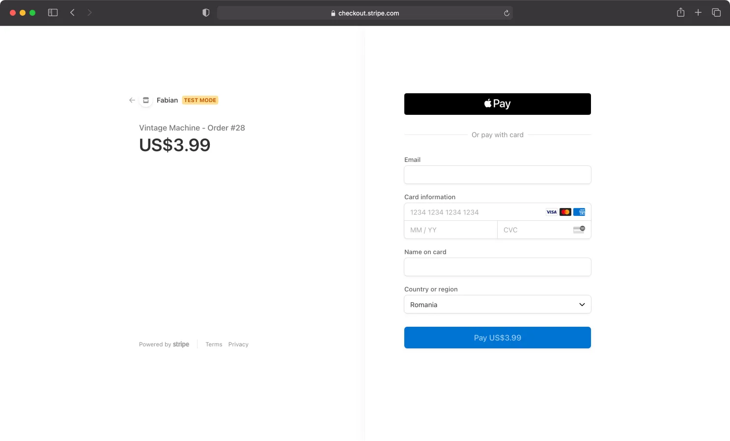 66qrmenu Stripe checkout page for a menu order