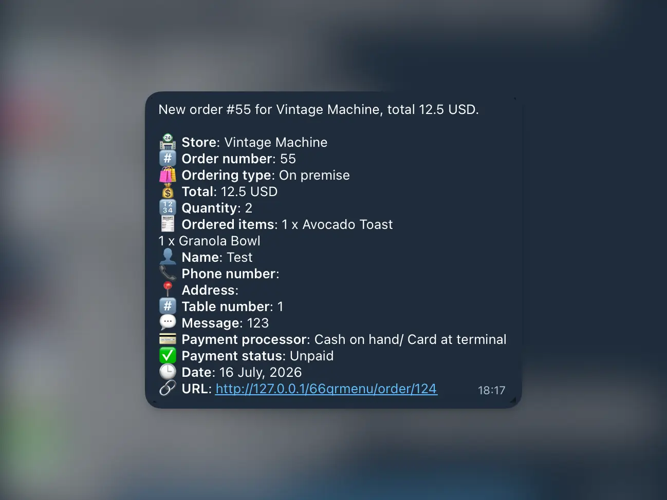 66qrmenu showing an telegram notification example for new store orders